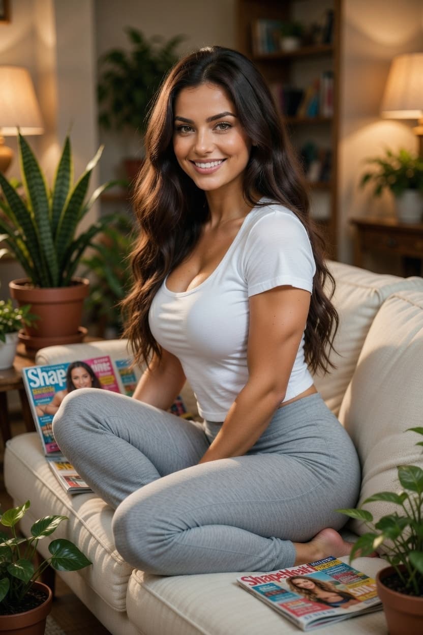 A radiant woman in cozy loungewear smiles warmly while seated on a living room sofa surrounded by houseplants and magazines.