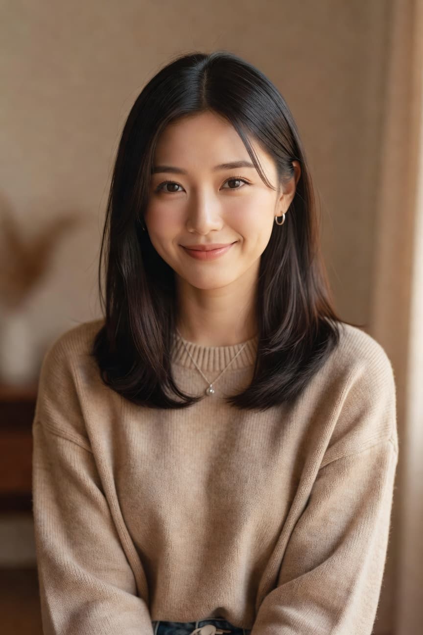 A young woman with long dark hair smiles gently at the camera while wearing a cozy beige sweater.