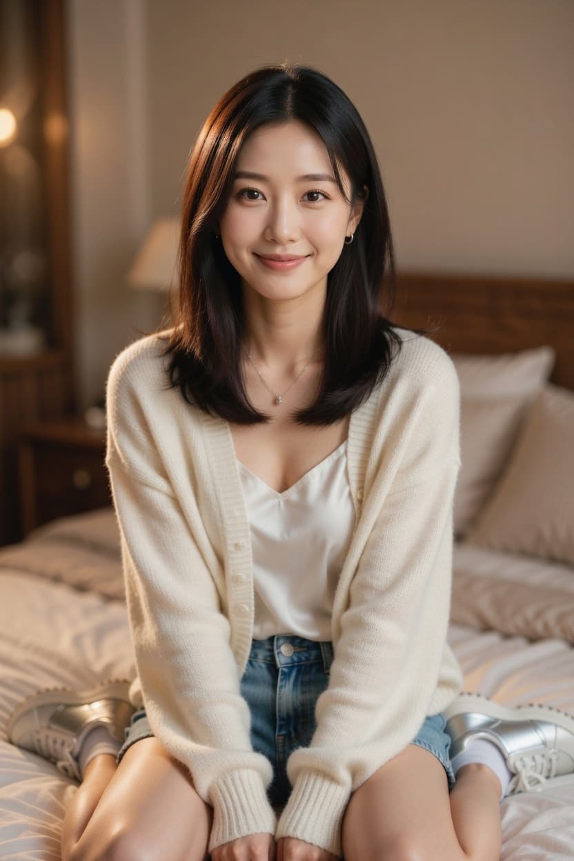 A young woman sits poised on the edge of her bed in a softly lit bedroom, wearing a cream cardigan and offering a gentle smile.