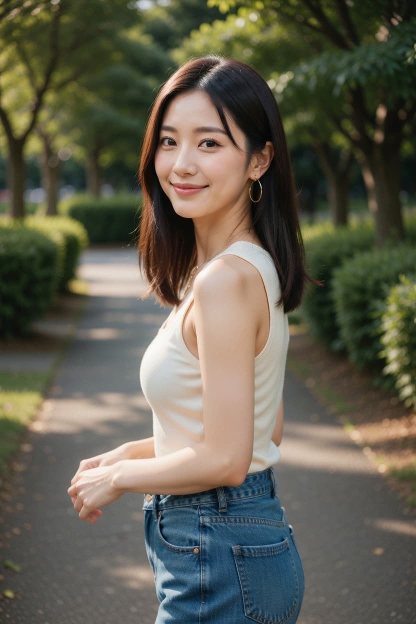 A poised young woman stands on a tree-lined park path bathed in warm golden light.