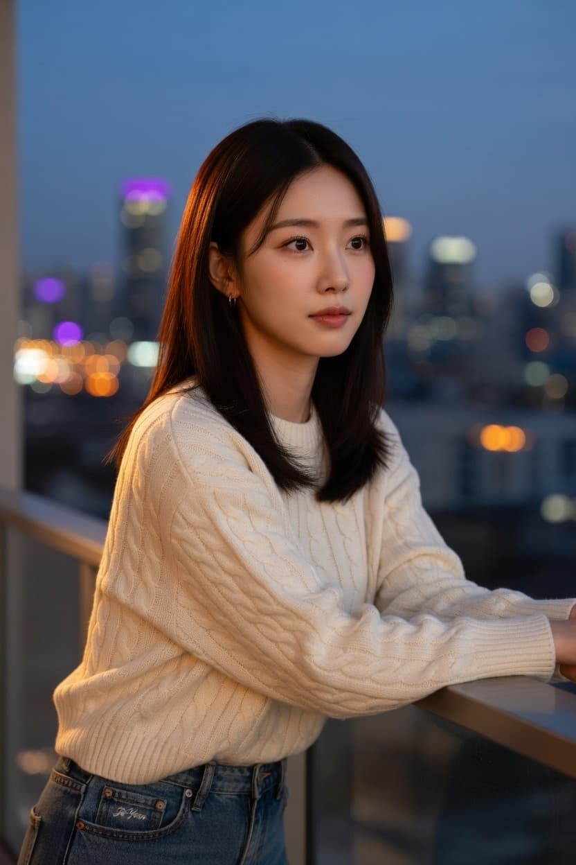 A woman in a cream cable knit sweater leans on a balcony railing overlooking the glowing city skyline at dusk.