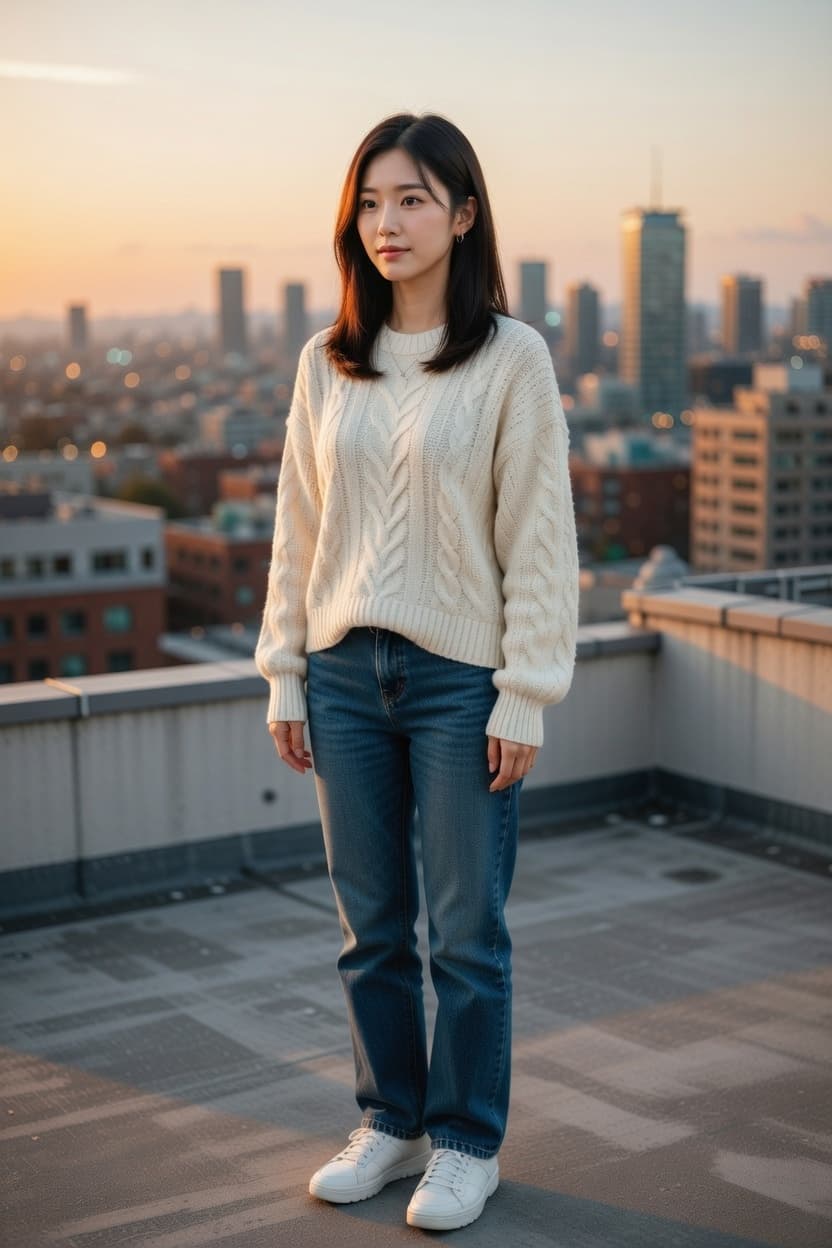 A young woman stands poised on a city rooftop at golden hour with the skyline glowing behind her.