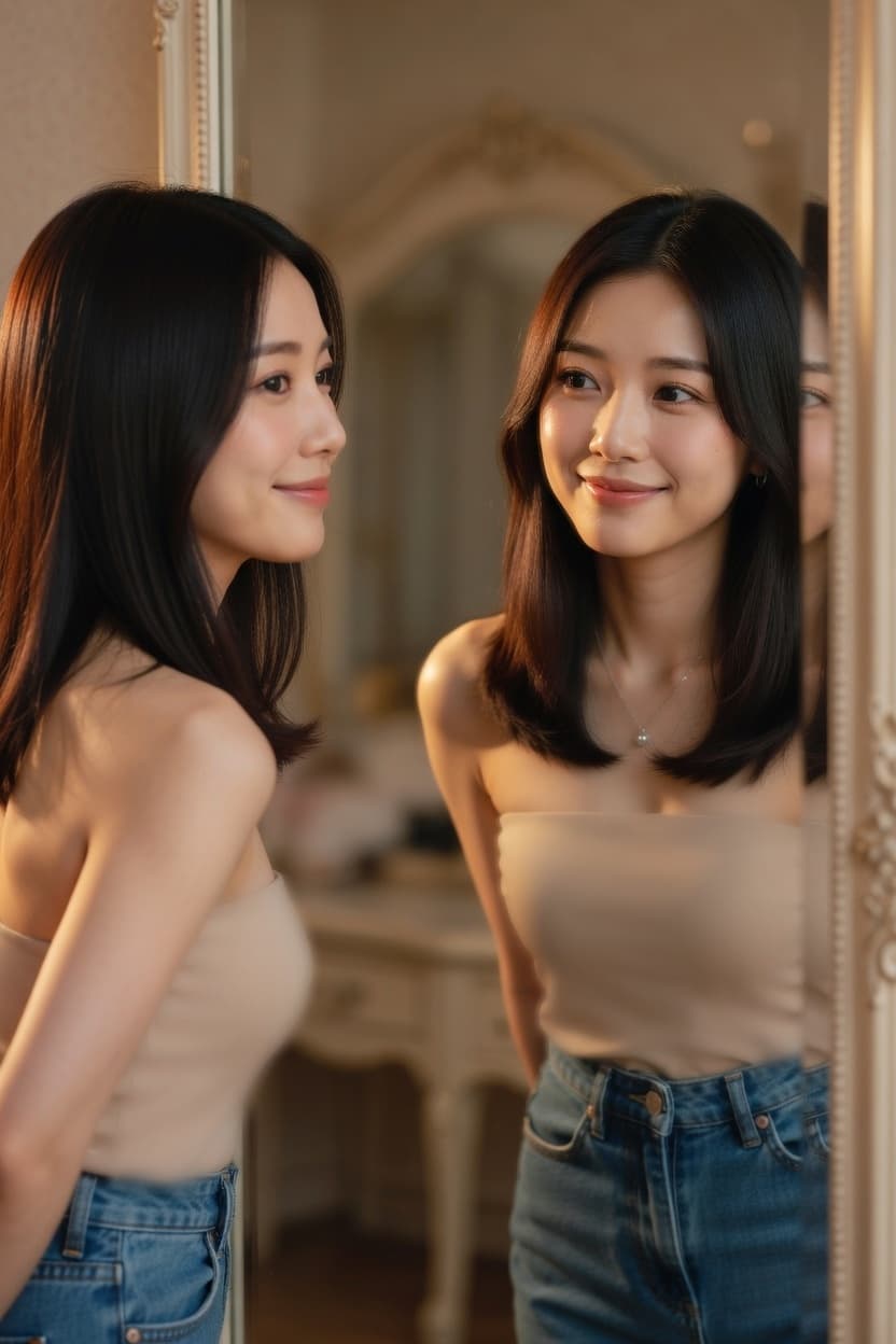 A poised young woman in a beige tube top and jeans smiles softly while gazing at her reflection in an ornate bedroom mirror.