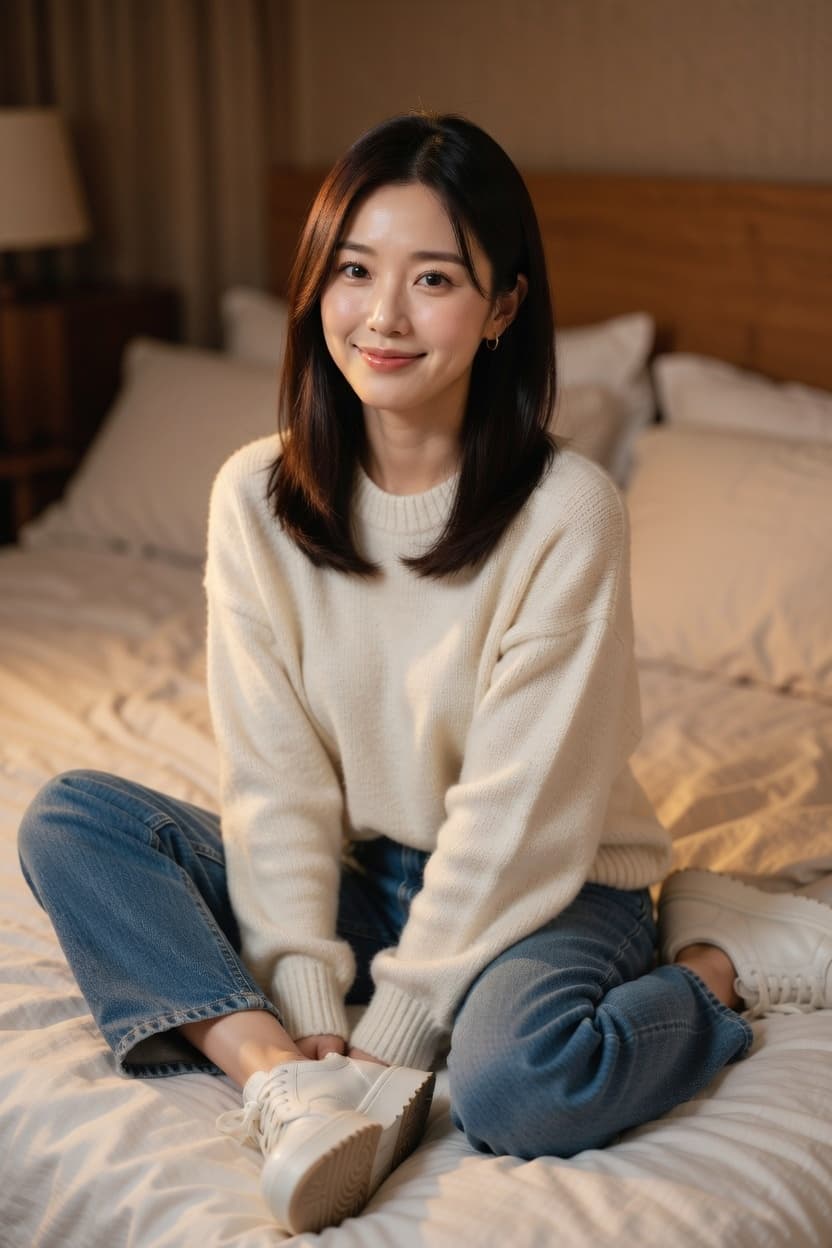 A young woman sits comfortably on a bed in a softly lit bedroom, wearing a cozy cream sweater and smiling gently at the camera.