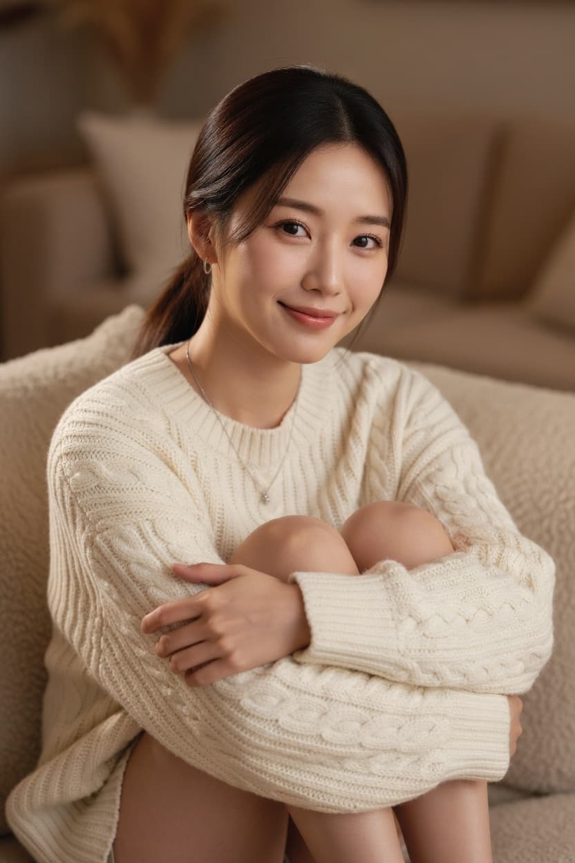 A woman in an oversized cream sweater sits with knees hugged, offering a gentle closed-mouth smile.