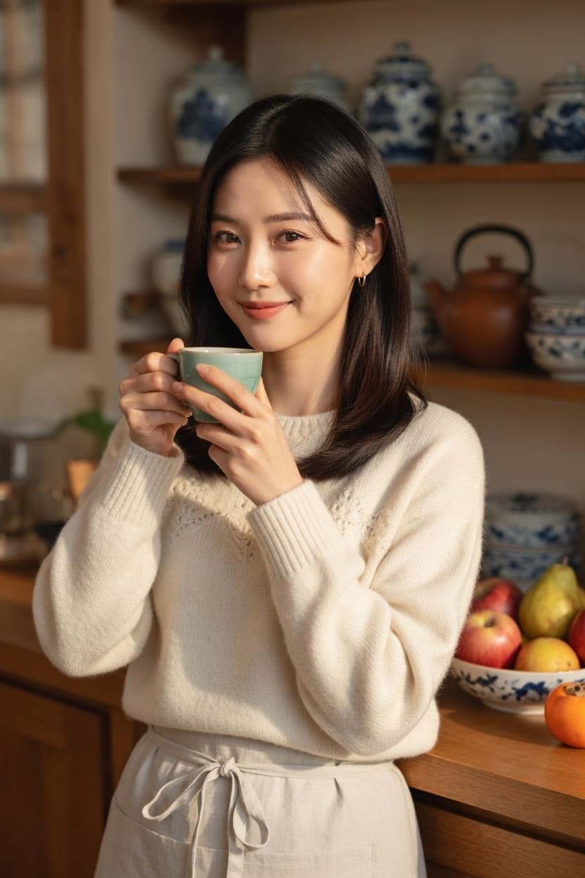 A woman in a cream knit sweater holds a warm mug while smiling softly in a sunlit kitchen.