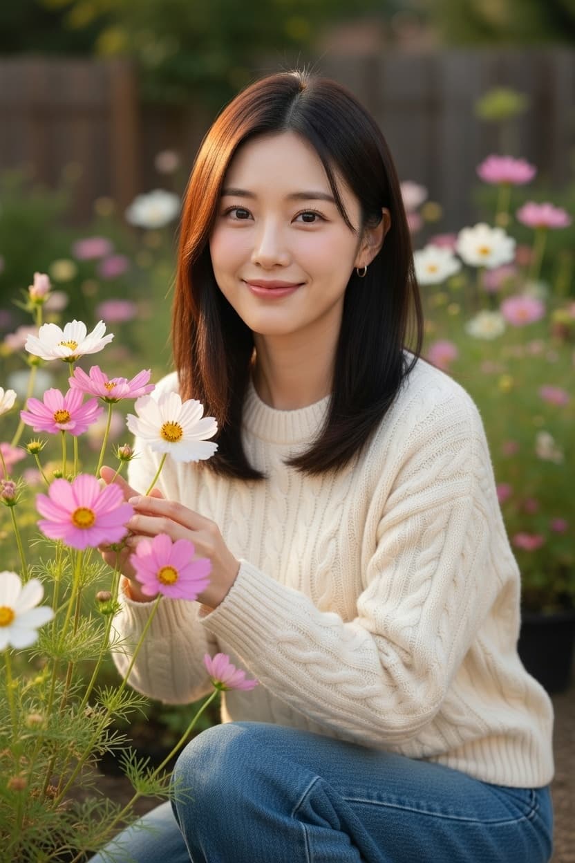A woman in a cream sweater kneels among vibrant cosmos flowers in a sunlit garden, smiling softly at the camera.