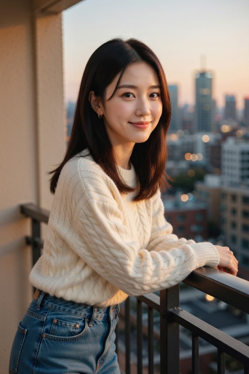 A young woman in a cream sweater leans on a balcony railing with a soft smile as golden hour light illuminates the city skyline behind her.