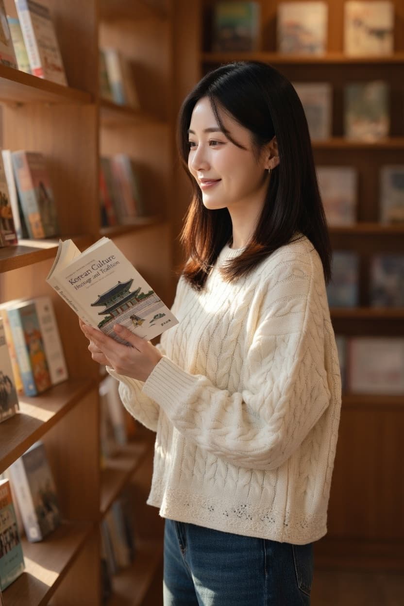 A woman in a cozy cream sweater stands in a sunlit library, peacefully reading a book.