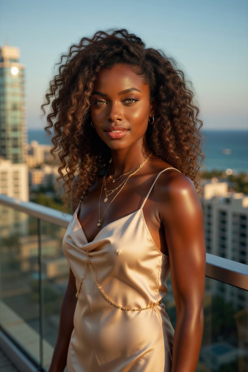 A radiant woman in a champagne satin slip stands on a balcony overlooking the ocean at golden hour.