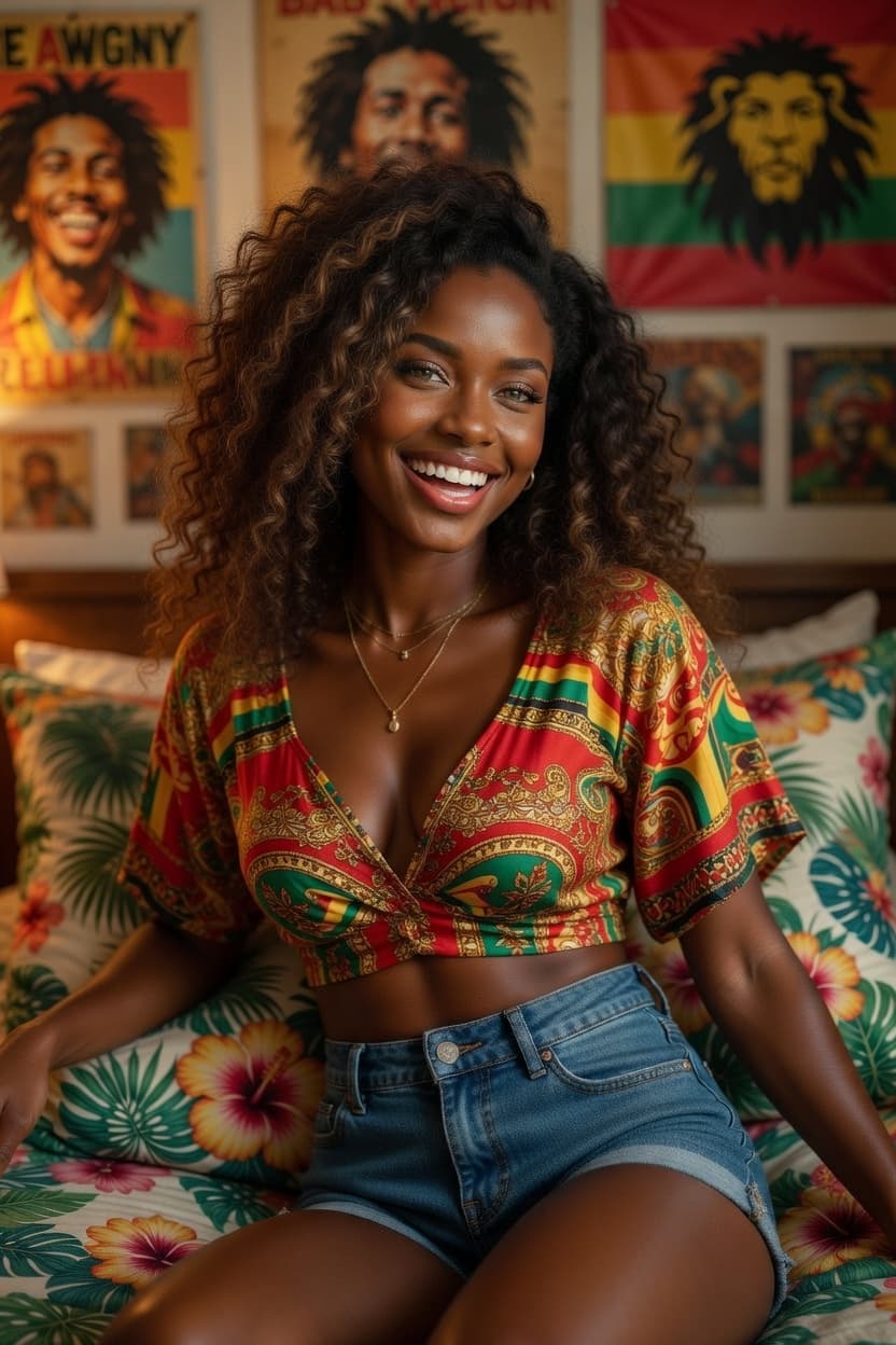 A radiant woman with a joyful smile sits comfortably on a colorful bed surrounded by vibrant posters.