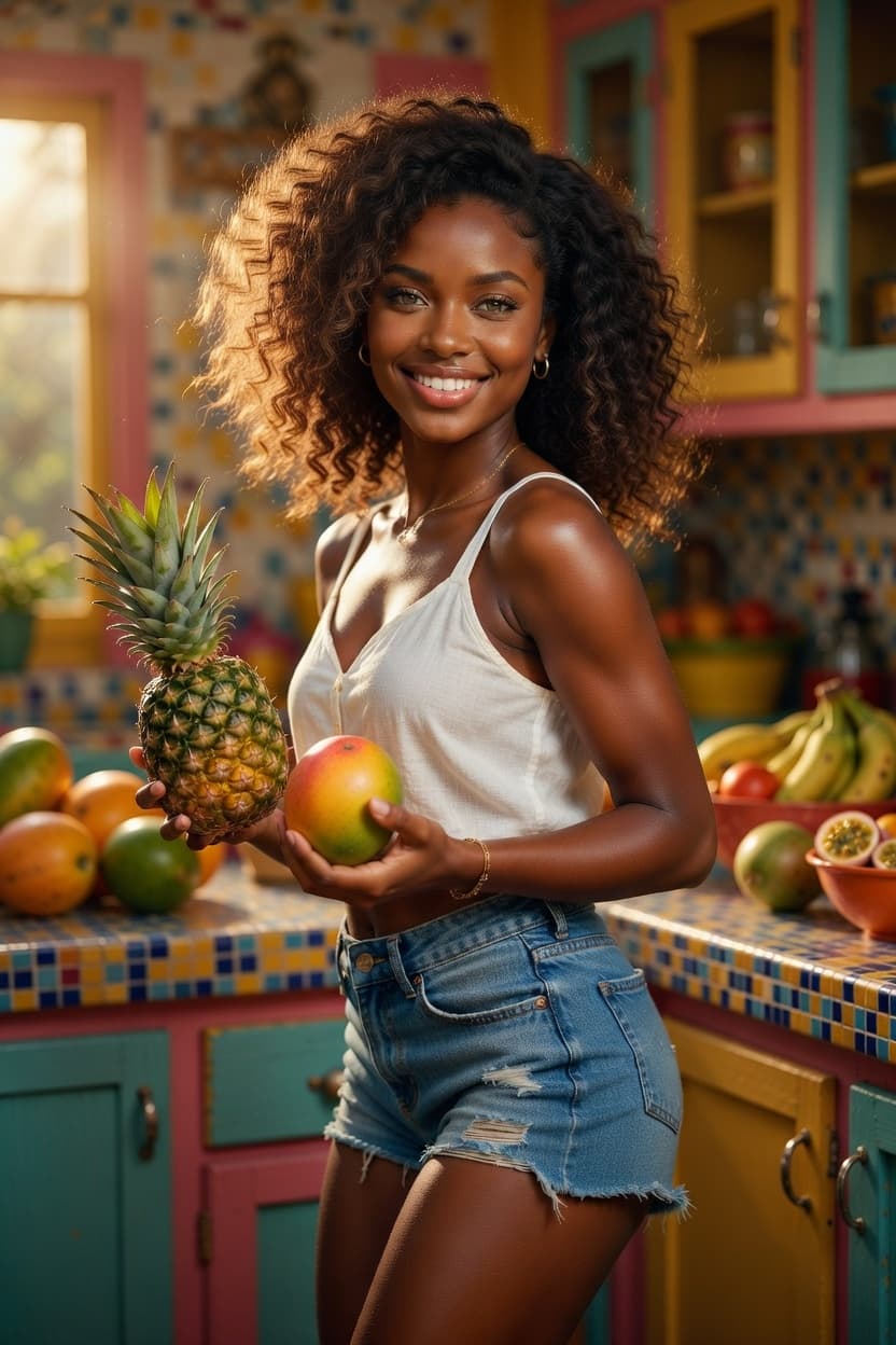 A radiant woman with curly hair smiles playfully while holding a pineapple and mango in a colorful kitchen.