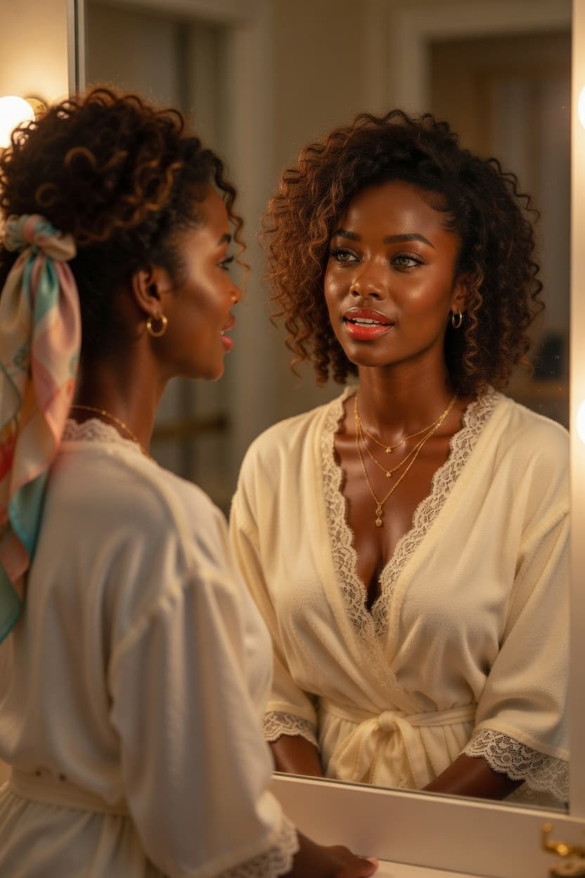 A woman in a cream silk robe admires her reflection in a warmly lit mirror.