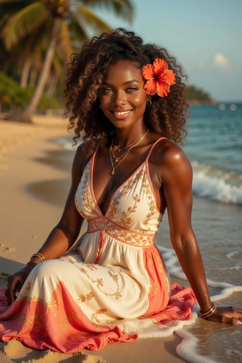 A radiant woman in a flowing embroidered sundress sits smiling on a tropical beach at golden hour.