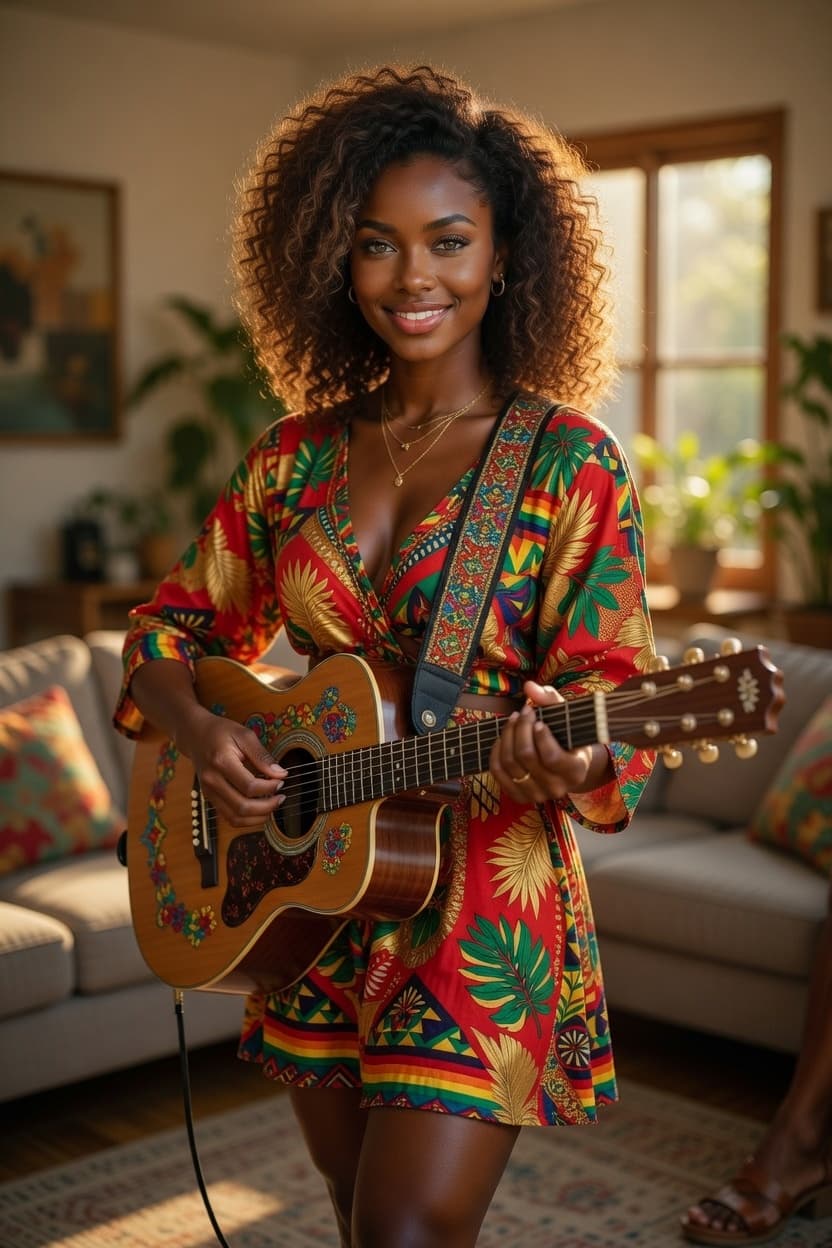 A radiant woman with curly hair smiles while playing an acoustic guitar in a sunlit living room.