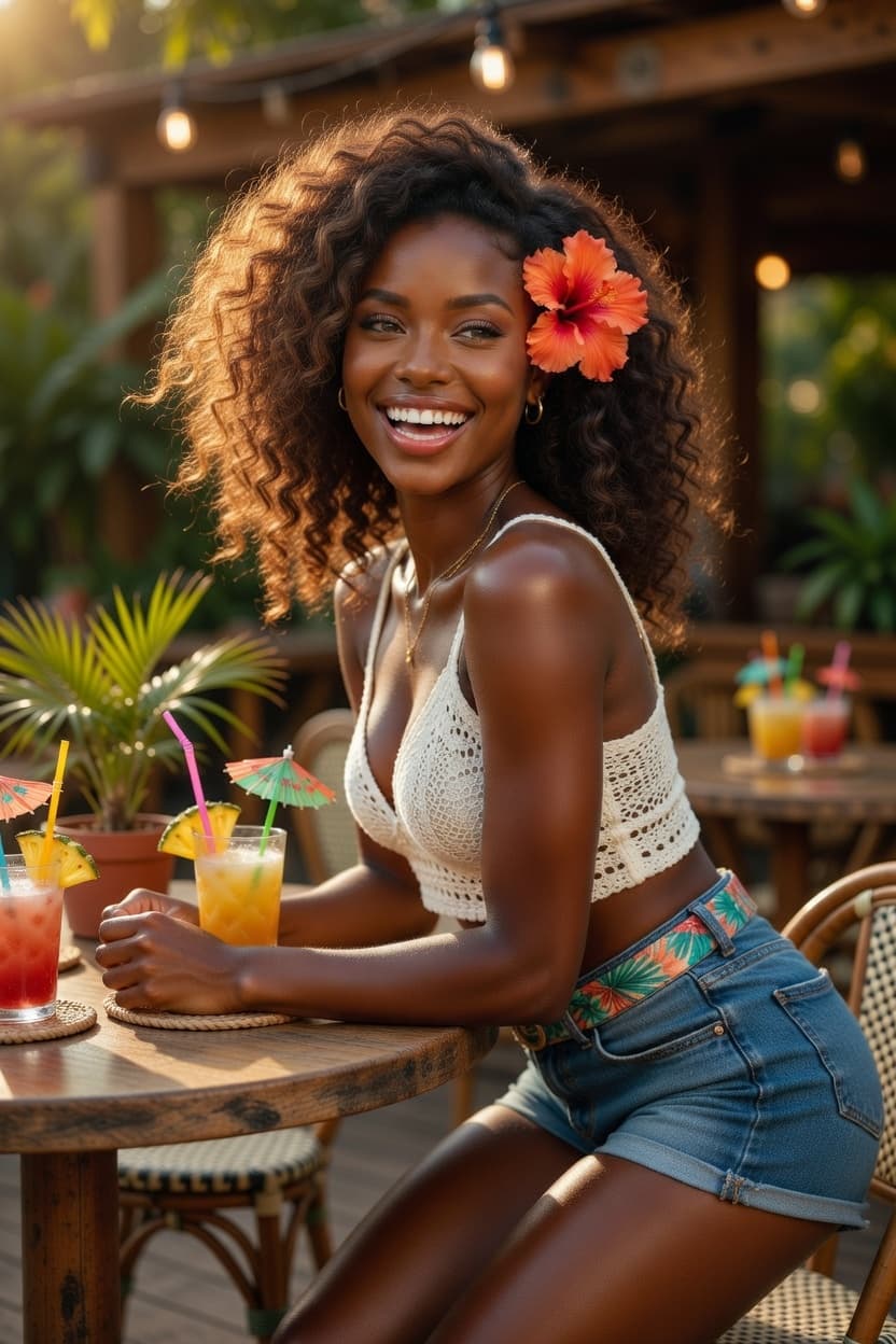 Radiant woman with curly hair and a vibrant hibiscus flower enjoys colorful tropical cocktails on a sunny patio.