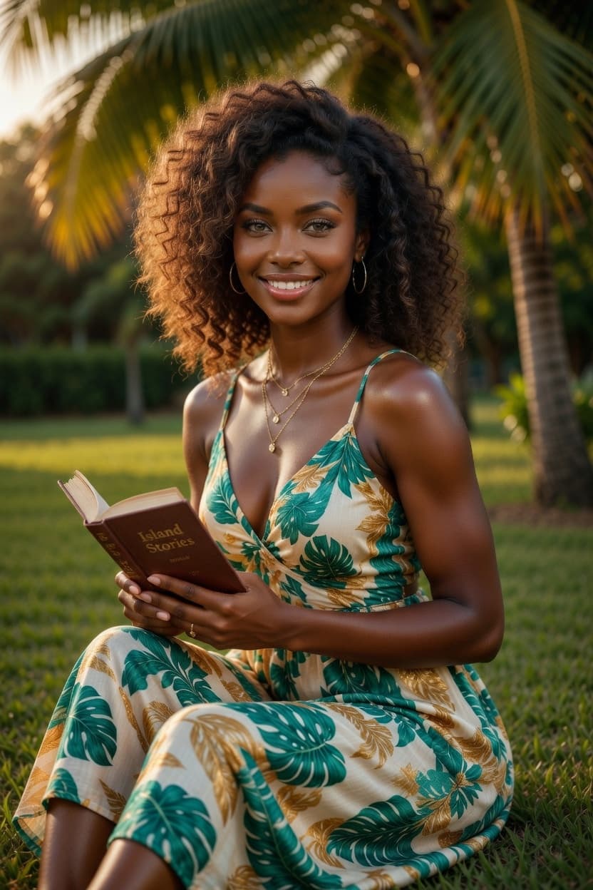 A radiant woman enjoys a book in a lush tropical garden at golden hour.