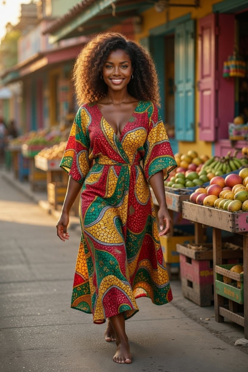 A radiant woman in a vibrant patterned dress walks barefoot through a colorful outdoor market at golden hour.