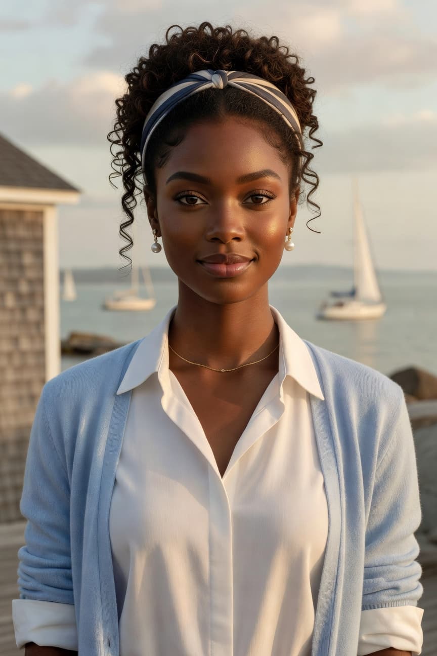 A poised young woman stands by the harbor at golden hour with sailboats in the background.