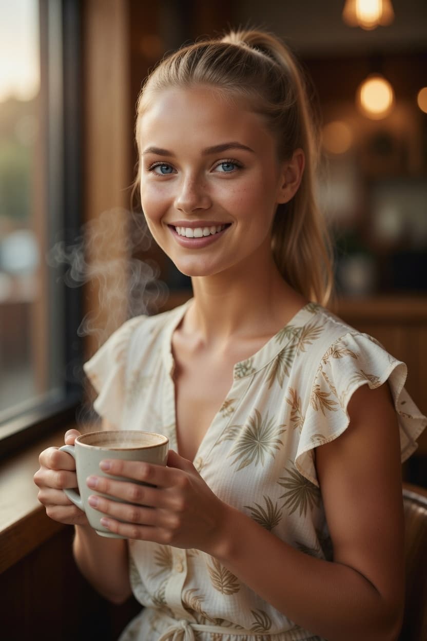 A radiant young woman smiles warmly while holding a steaming coffee mug by a sunlit cafe window.