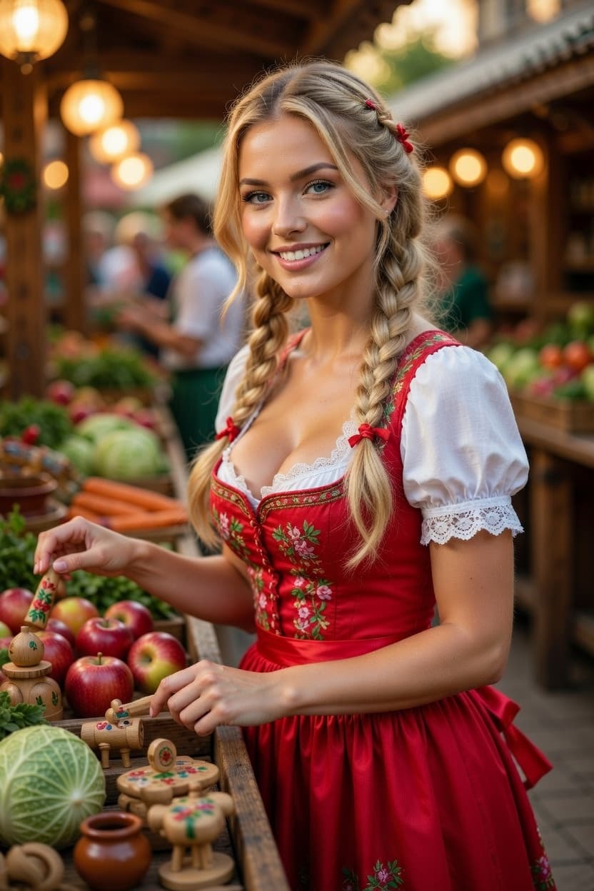 A radiant woman in a traditional red dirndl smiles playfully at a bustling outdoor market stall.