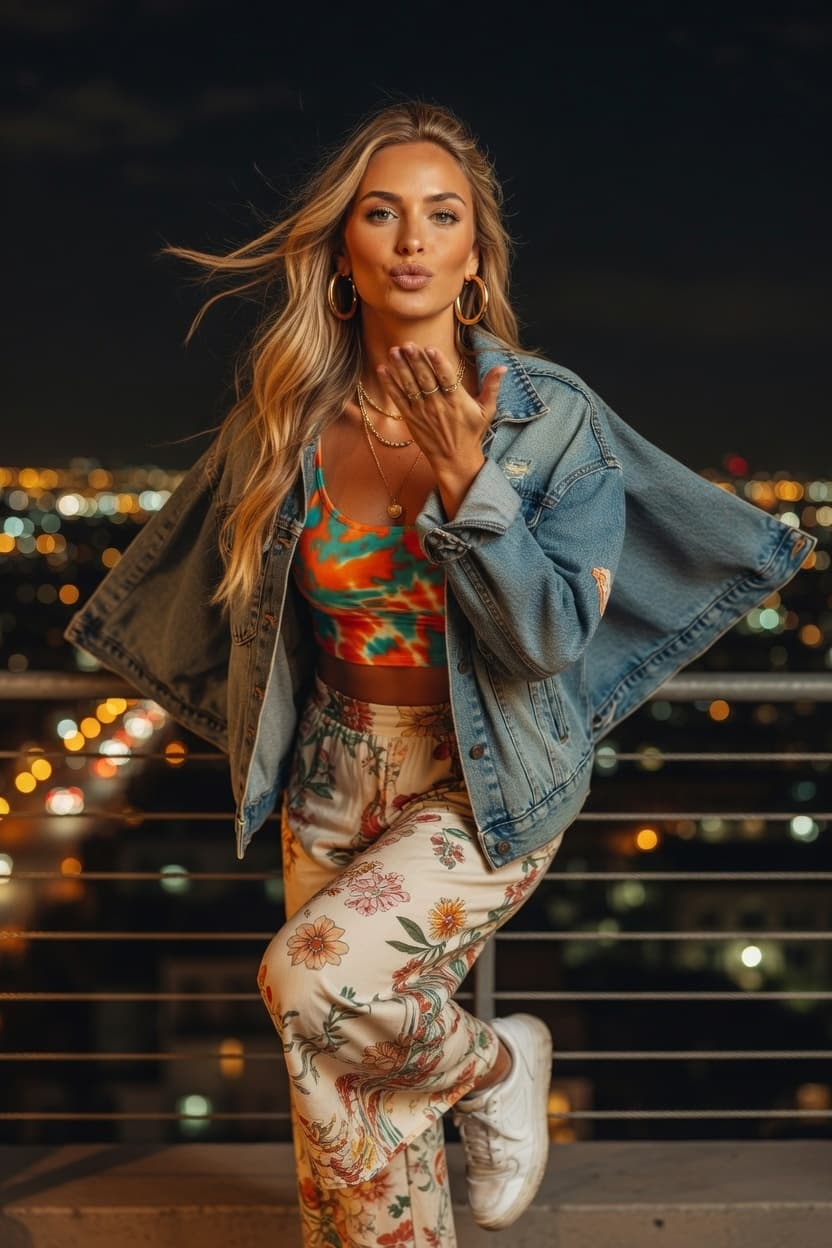 A radiant woman playfully blows a kiss while posing on a city rooftop at night.