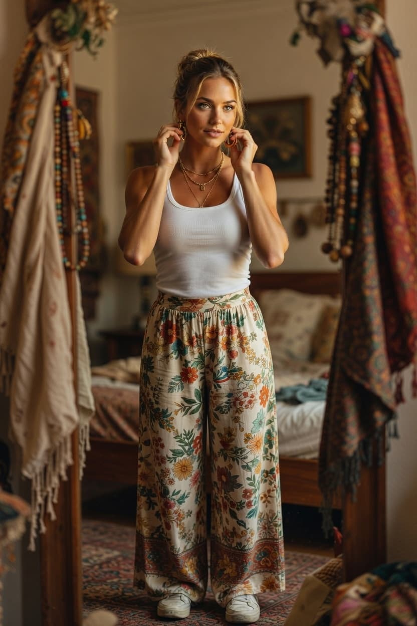 A radiant woman stands confidently in a sunlit bedroom adorned with bohemian textiles.