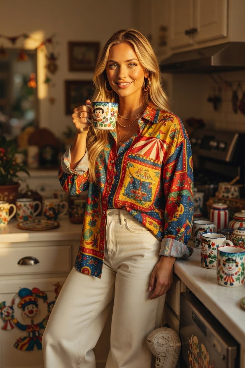 A radiant woman smiles while holding a festive mug in her sunlit kitchen.
