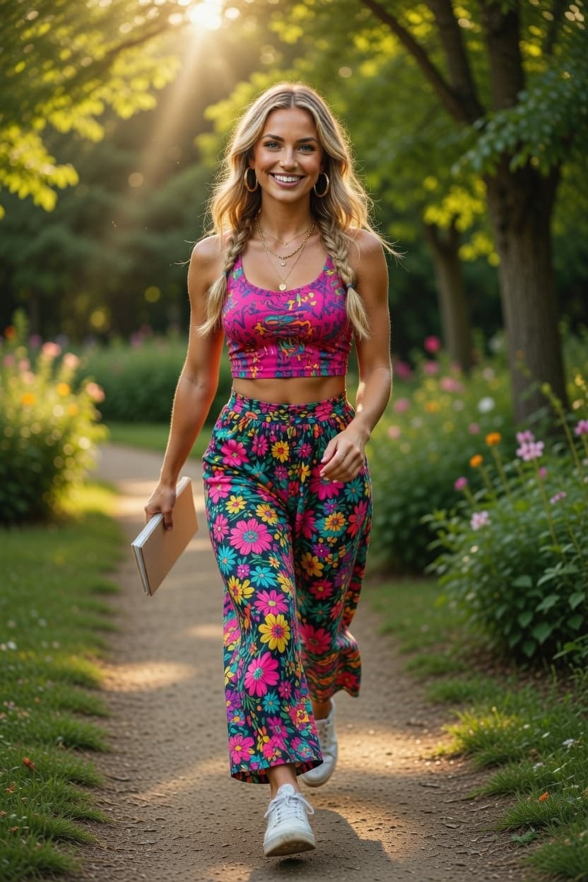 A radiant woman in a vibrant floral outfit walks confidently along a sunlit garden path.