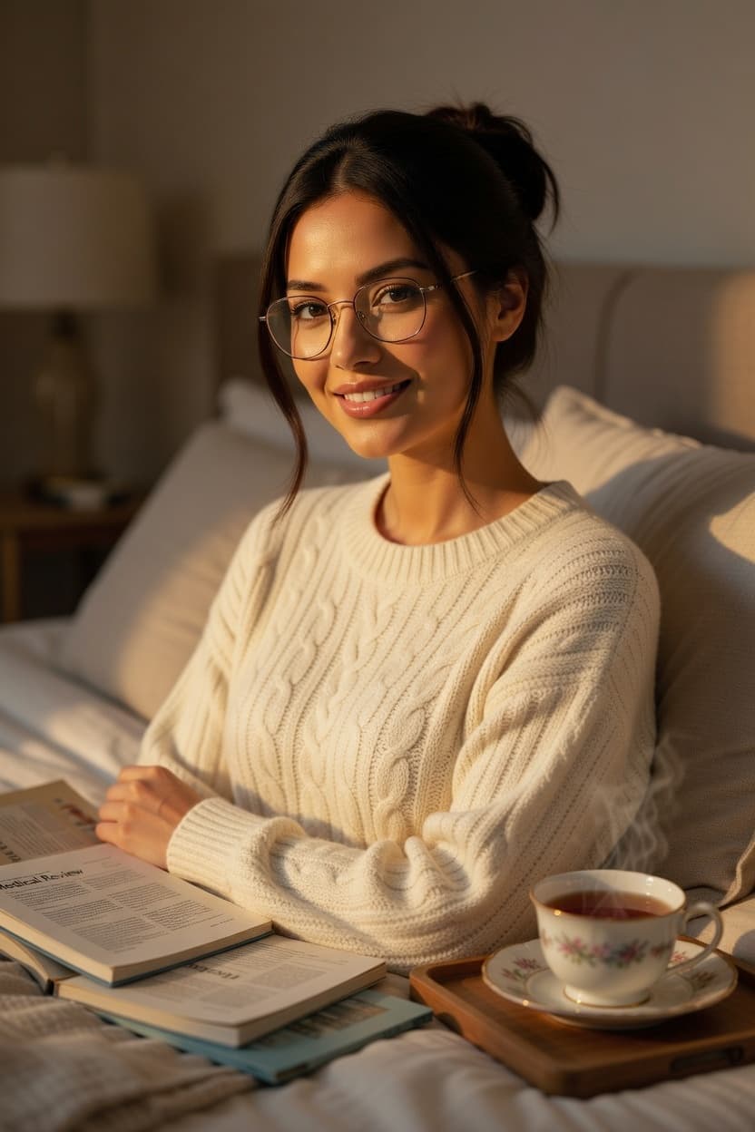 A woman in a cozy cream sweater smiles warmly while reading in a sunlit bedroom.