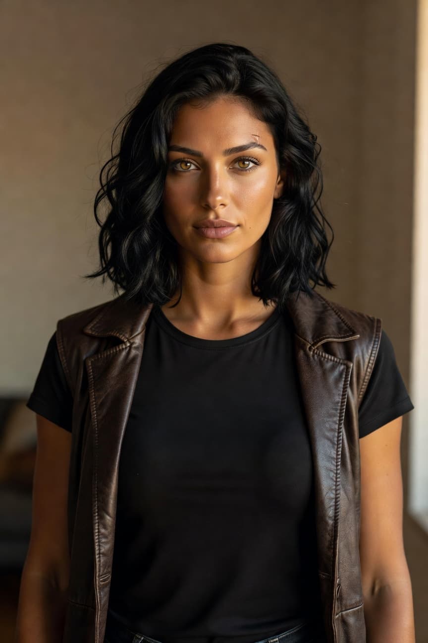 A striking woman with dark wavy hair gazes directly at the camera in a poised portrait.