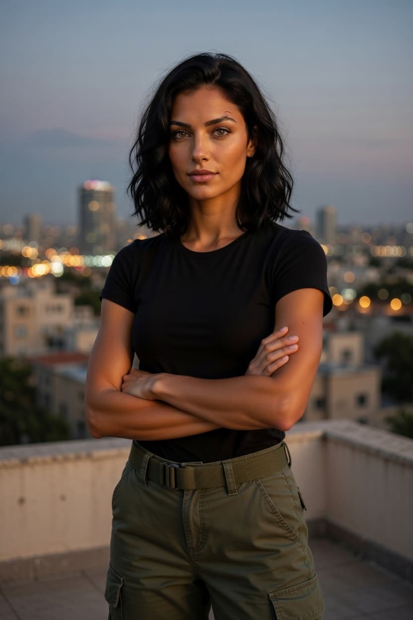 A confident woman stands with arms crossed on a city rooftop at dusk.