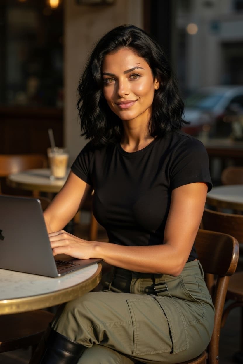 A poised woman works on her laptop at a sunny cafe table.