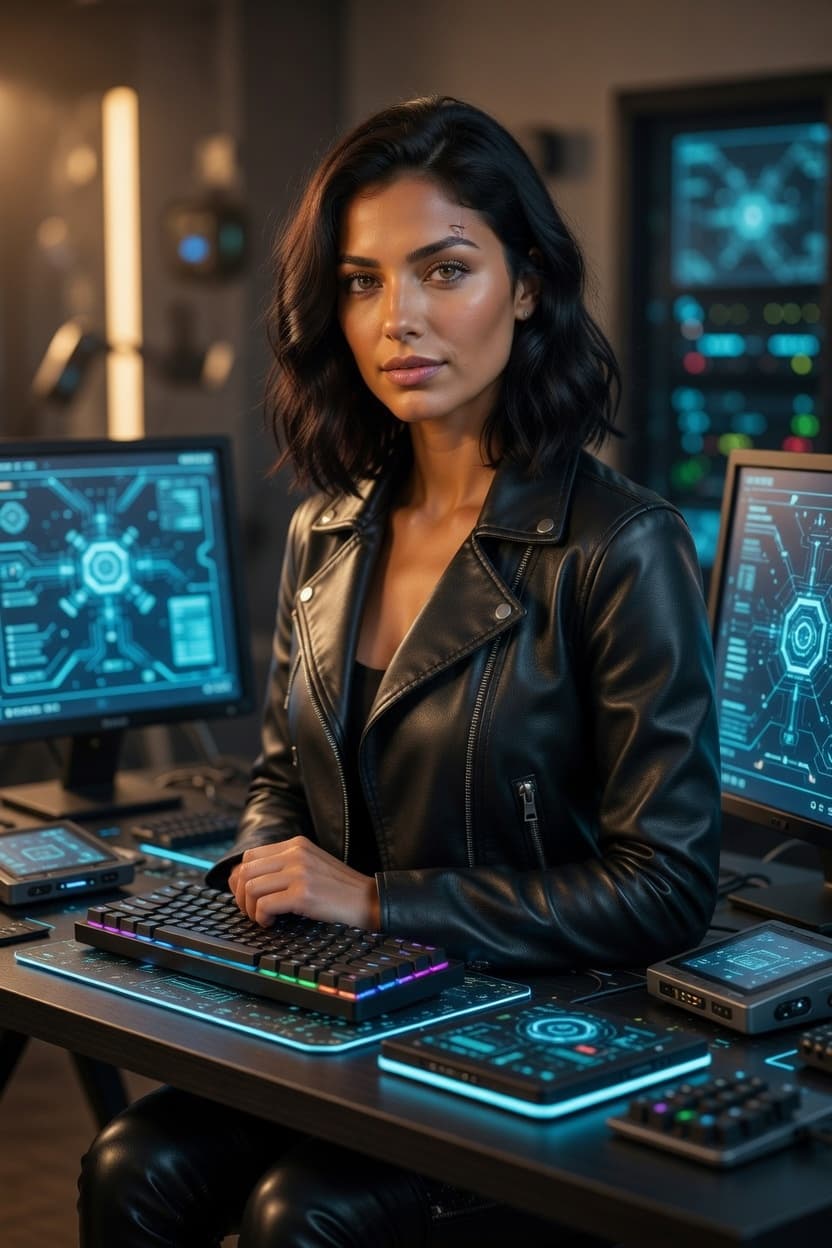 A confident woman in a black leather jacket sits at her high-tech gaming desk surrounded by glowing monitors.