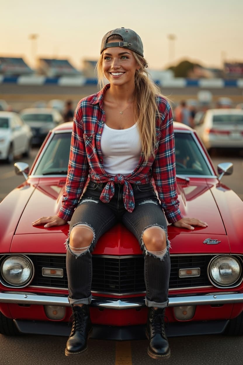 A radiant woman in a plaid shirt and cap smiles confidently while perched on the hood of a classic red muscle car at golden hour.