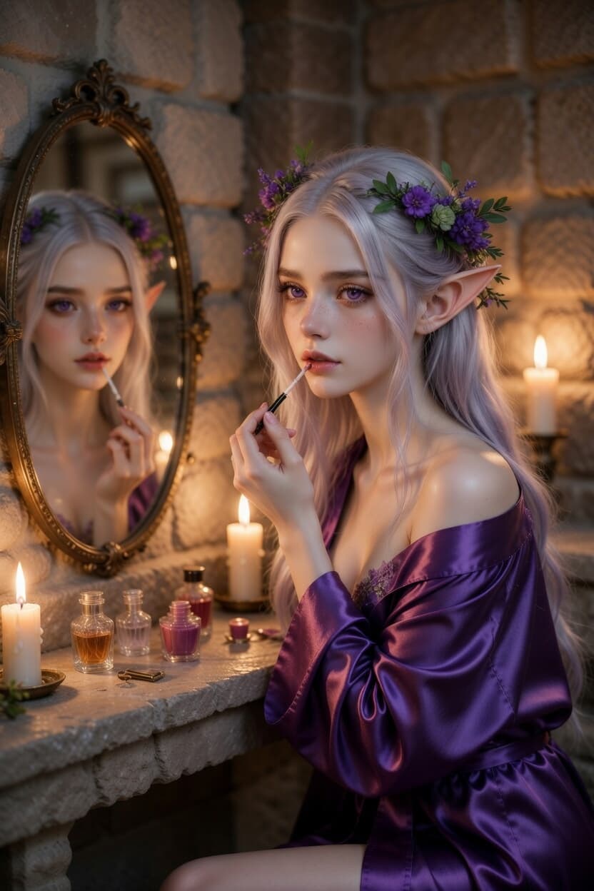 Elegant elf with flower crown applies lipstick by candlelight in a stone chamber.