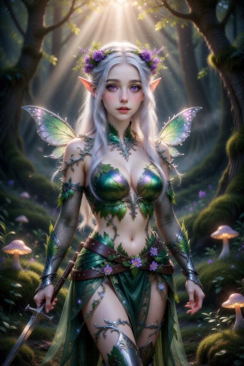 Elegant elf warrior stands poised in an enchanted forest bathed in golden light.