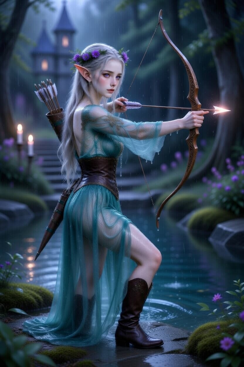 Elegant elf archer draws her glowing bow in a mystical rainy forest at night.