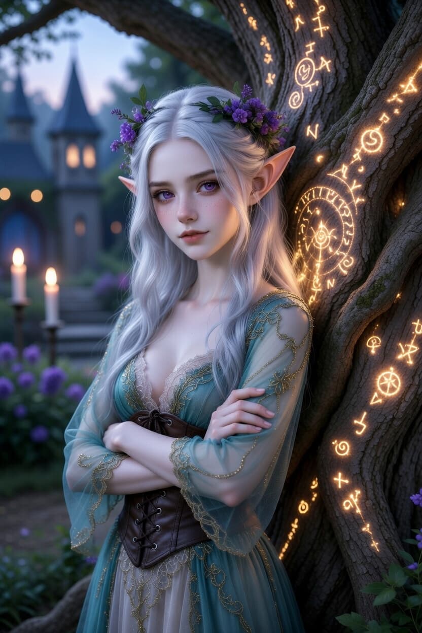 Elegant elf with silver hair and floral crown leans against a glowing magical tree at twilight.