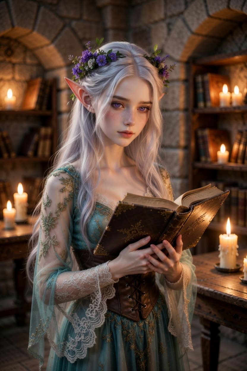 Elegant elf with flowing silver hair reads an ancient tome by candlelight in a stone library.