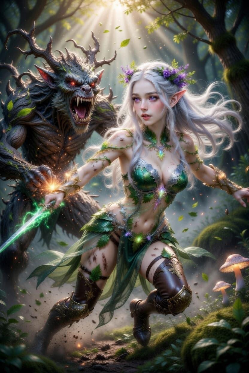 Radiant elf warrior with flowing silver hair stands poised in an enchanted forest beside a fearsome beast.