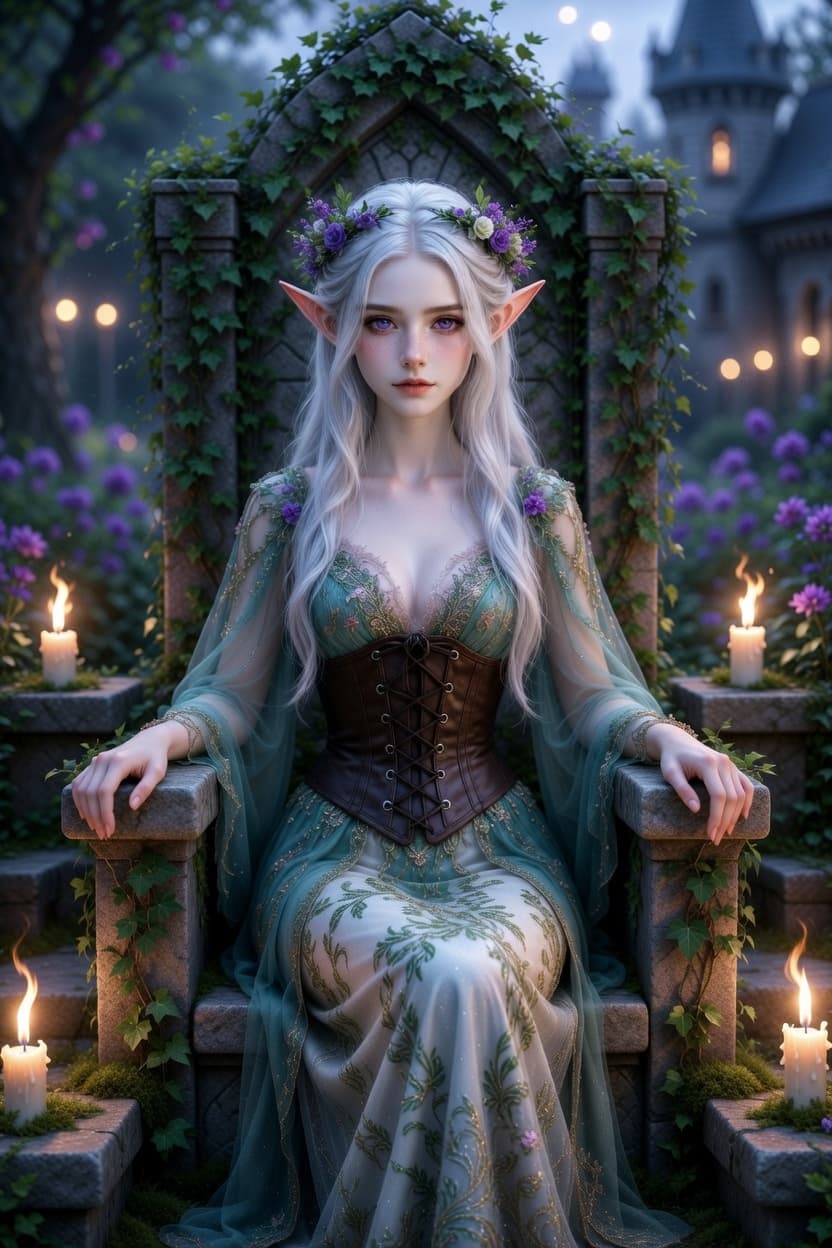 Elegant elf with flowing silver hair sits poised on a stone throne in an enchanted twilight garden.
