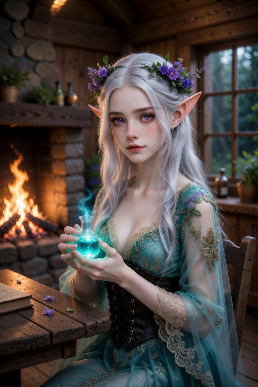 Elegant elf with silver hair and floral crown holds a glowing potion by a warm fireplace.