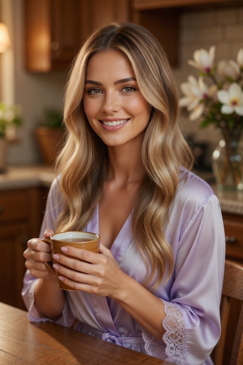 A radiant woman in a lilac satin robe smiles warmly while holding a morning coffee in a sunlit kitchen.