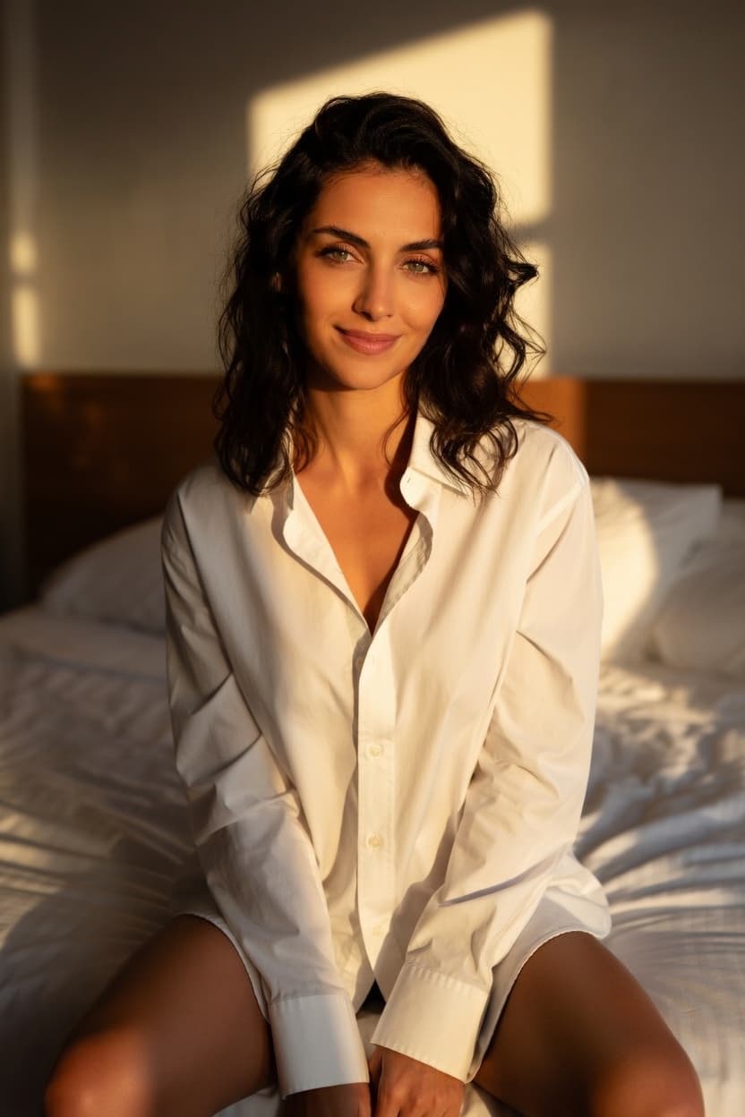 A woman in an oversized white shirt sits on a sunlit bed, gazing softly at the camera with a gentle smile.