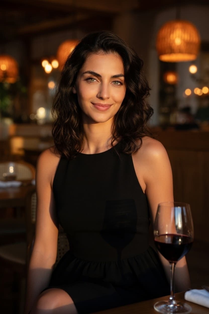 A poised woman in a black dress enjoys a glass of red wine at an upscale restaurant.