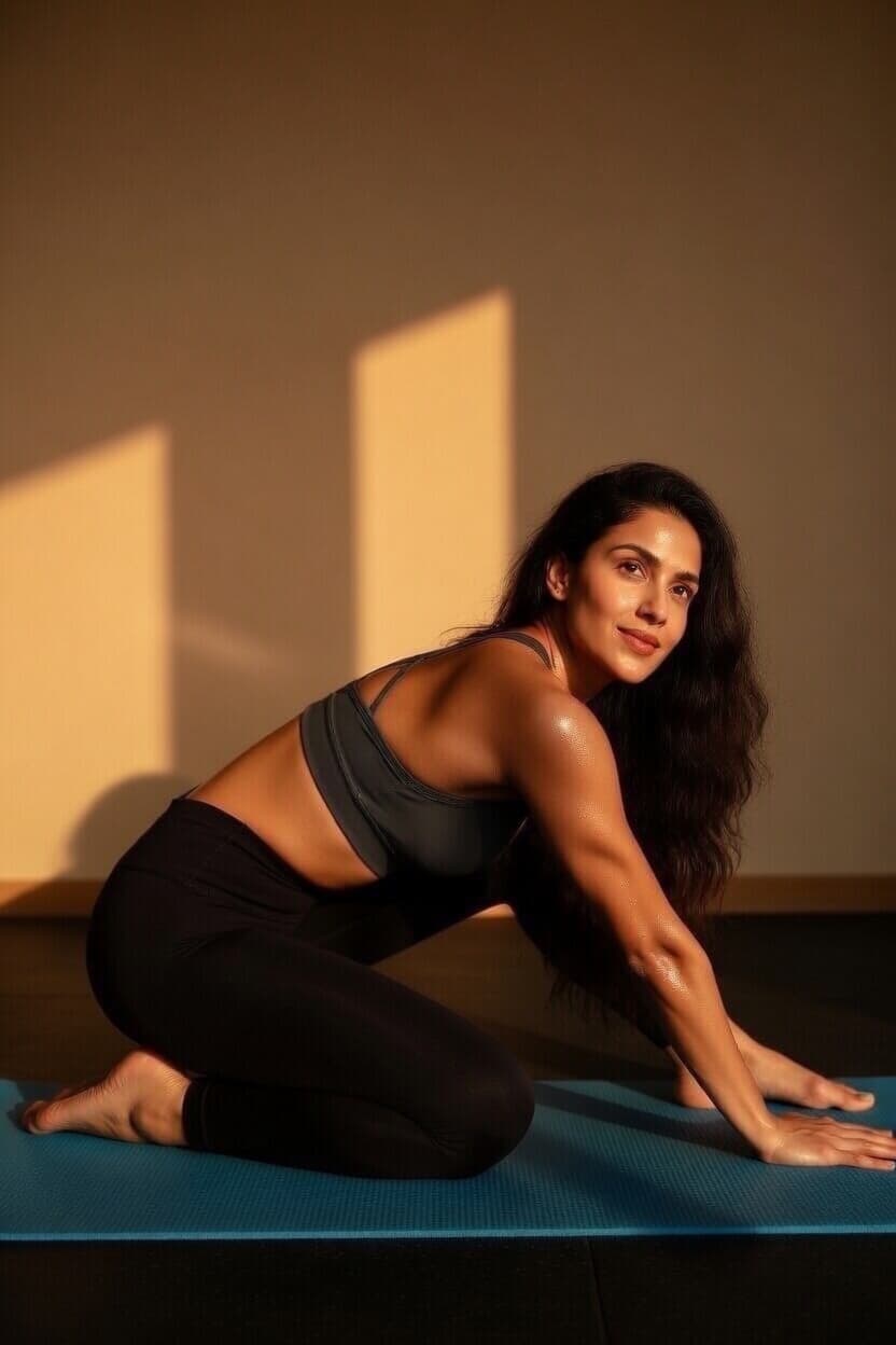 A poised woman holds a strong yoga pose on a blue mat as golden sunlight casts dramatic shadows across the studio wall.