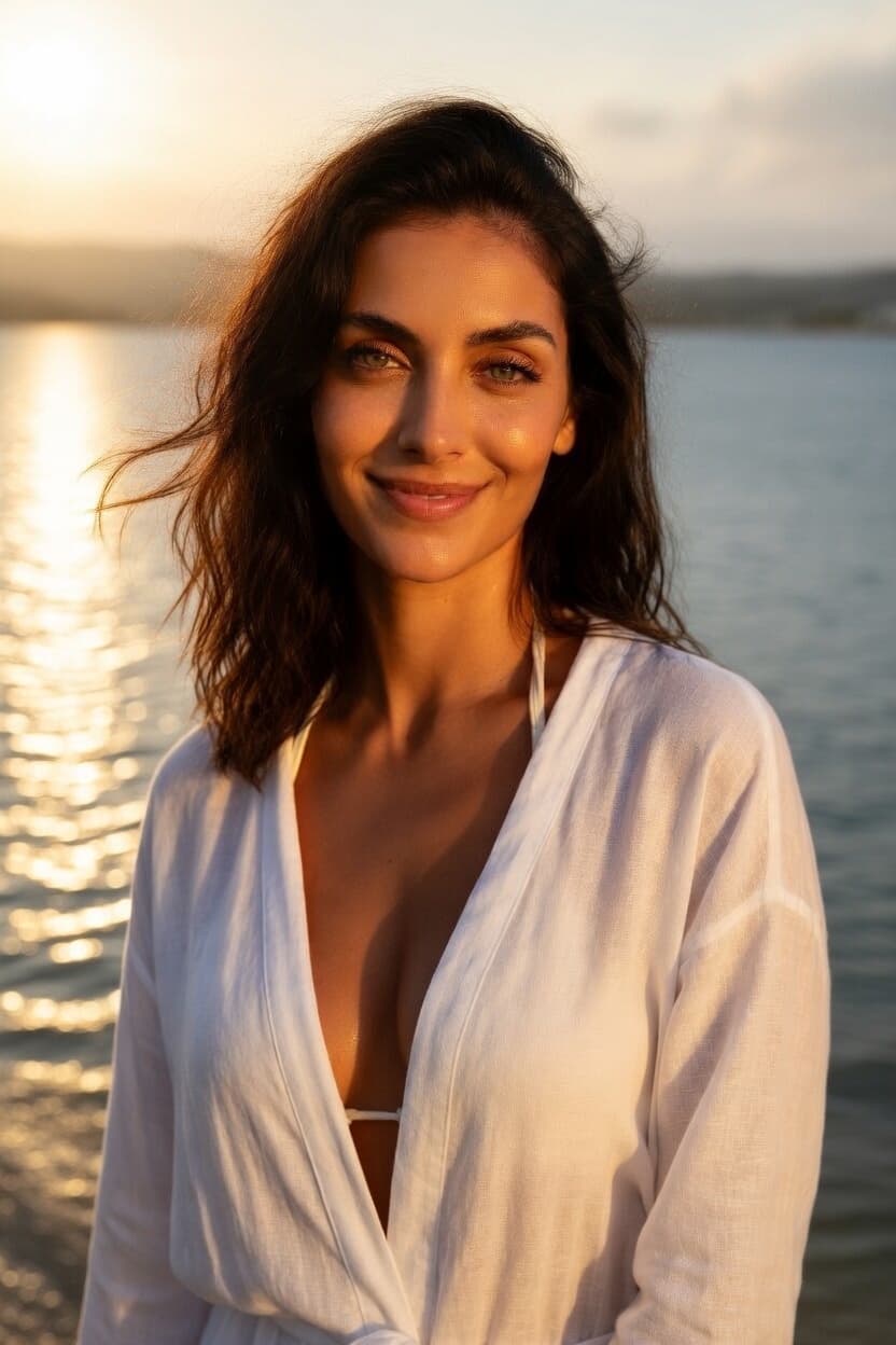 A radiant woman in a white cover-up smiles softly by the water at sunset.