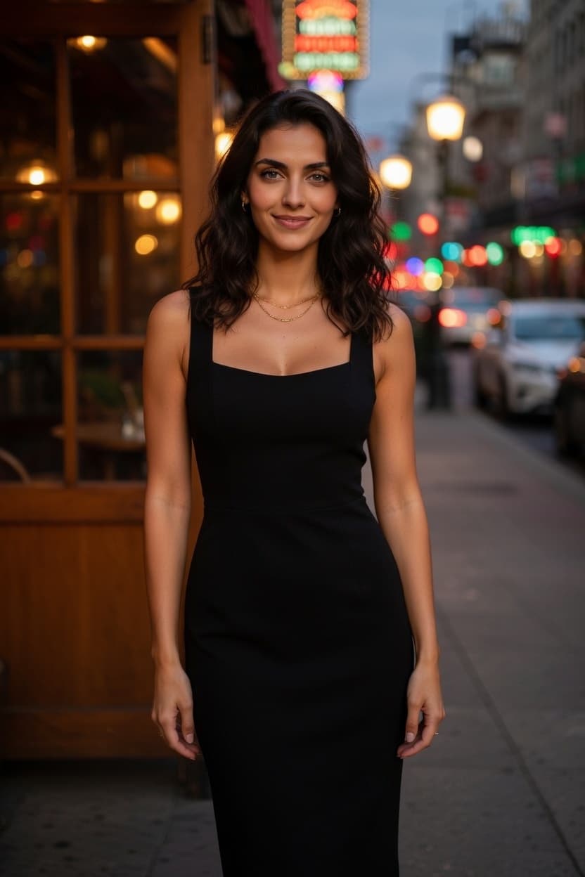 A poised woman in a sleek black dress stands on a glowing city street at dusk.