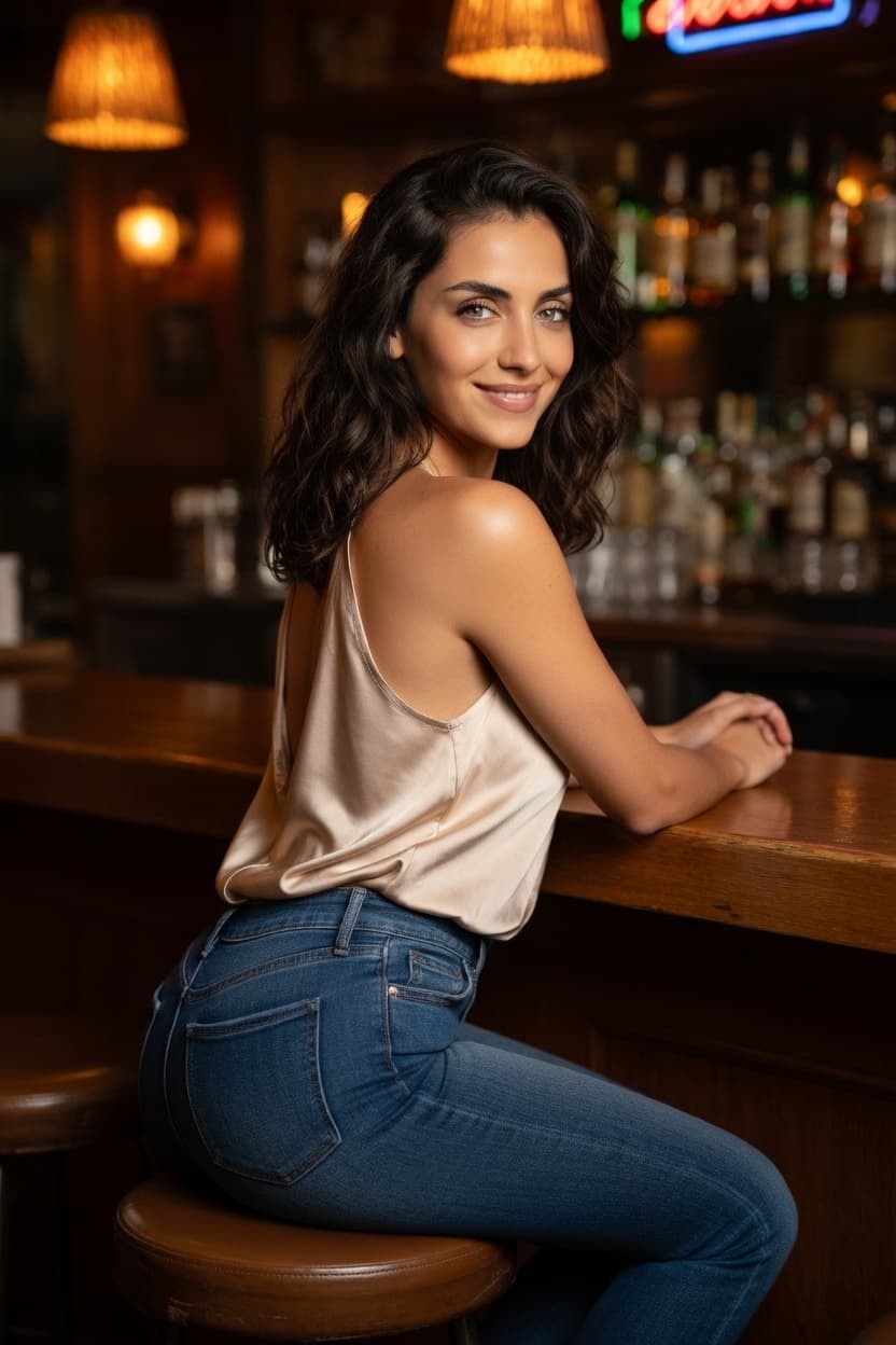 A playful woman in a satin top and jeans smiles over her shoulder while seated at a cozy bar.